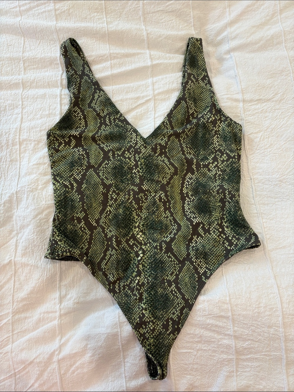 Babaton Green Snake-Print V-Neck Bodysuit